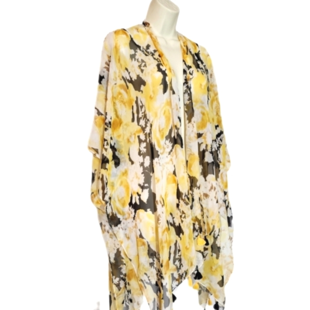 Est. 1946 Floral Semi Sheer Tassled Hem Kimono Style Cover Up Yellow Size OS - Picture 5 of 11